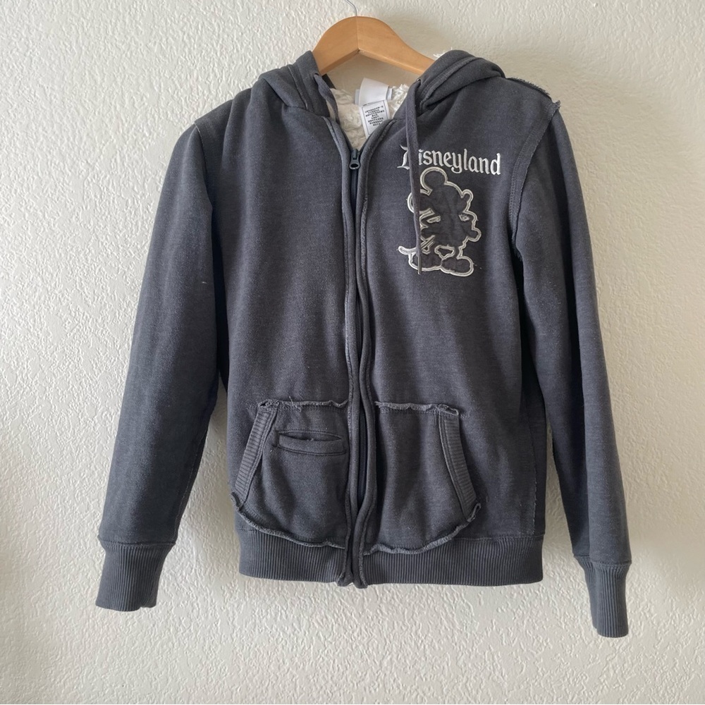 Disney Parks Disneyland 55 Years Faux Fur Hoodie Sweater Embroidered Grey Small